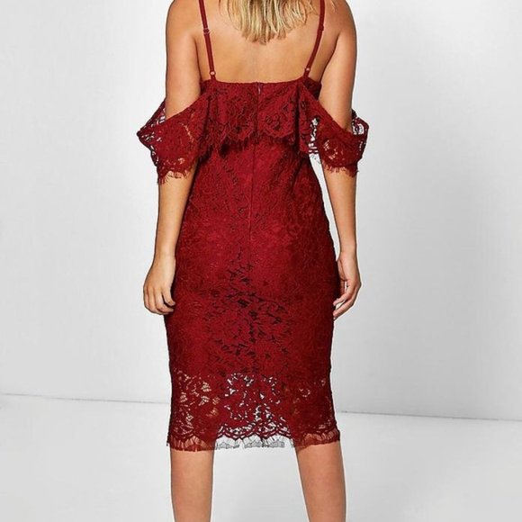 Boohoo Lace Open Shoulder Midi Dress Red Burgundy Sz 4 - Picture 2 of 11